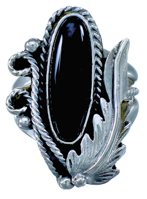 Onyx Sterling Silver Scalloped Leaf Navajo Ring Size 5-1/4 BX118423